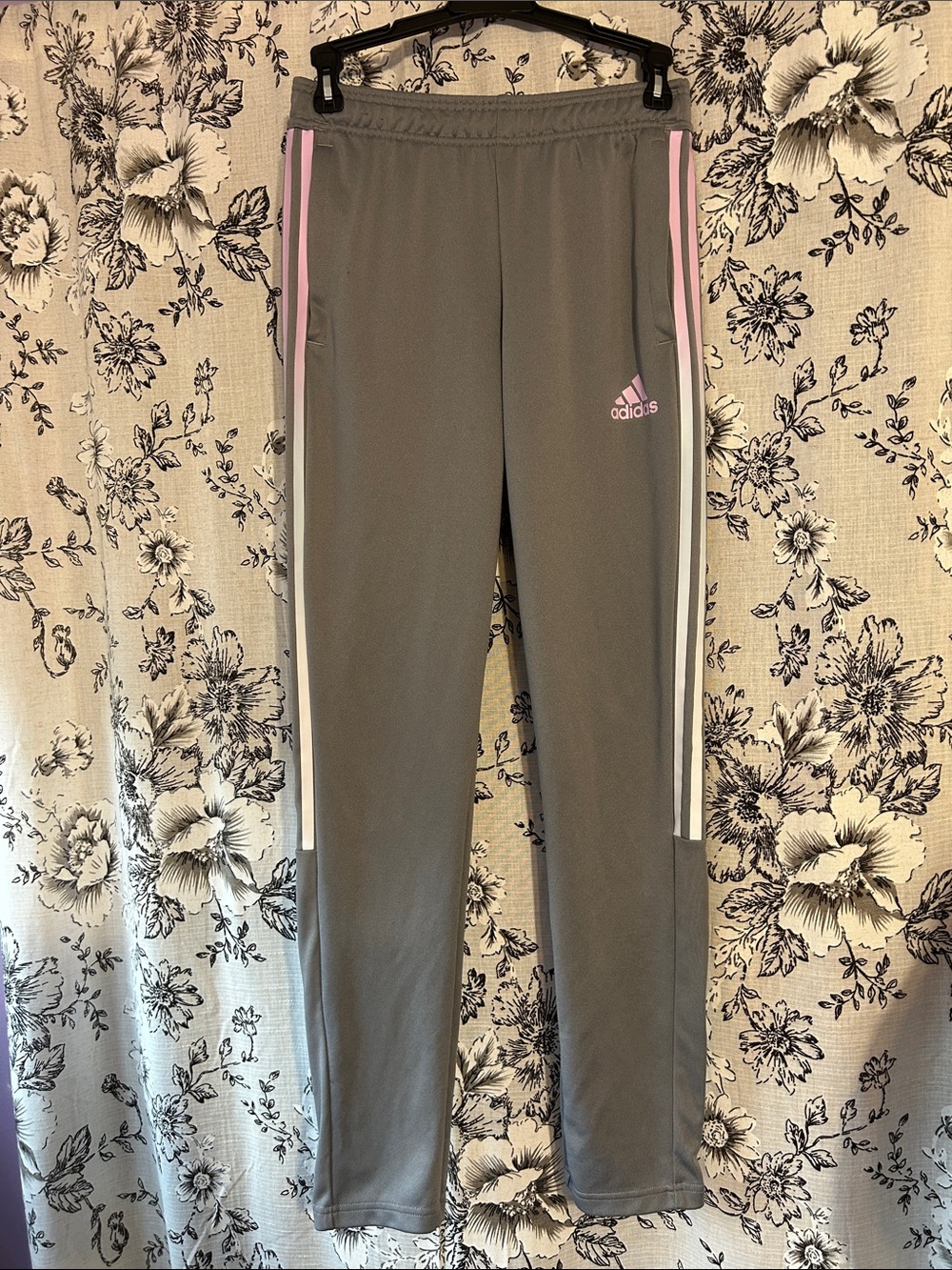 adidas Gray Sweatpants with Pink Accents and White Stripes